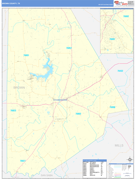 Brown County, TX Wall Map Basic Style by MarketMAPS