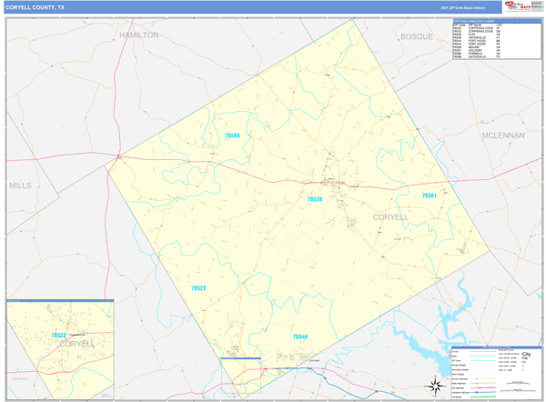 Coryell County, Tx Wall Map Basic Style By Marketmaps