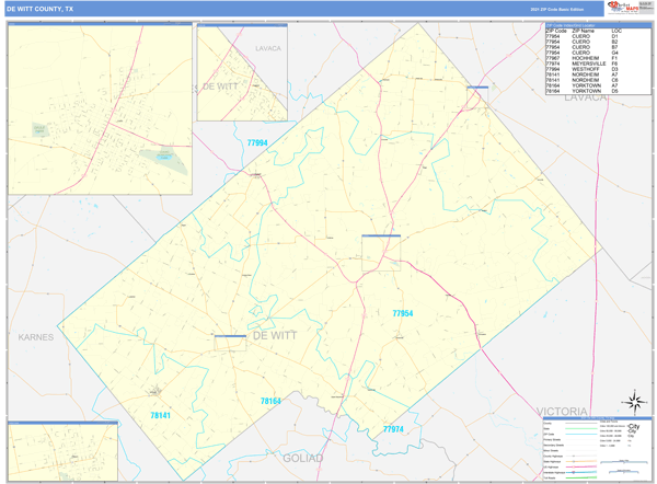 DeWitt County, TX Zip Code Wall Map Basic Style by MarketMAPS