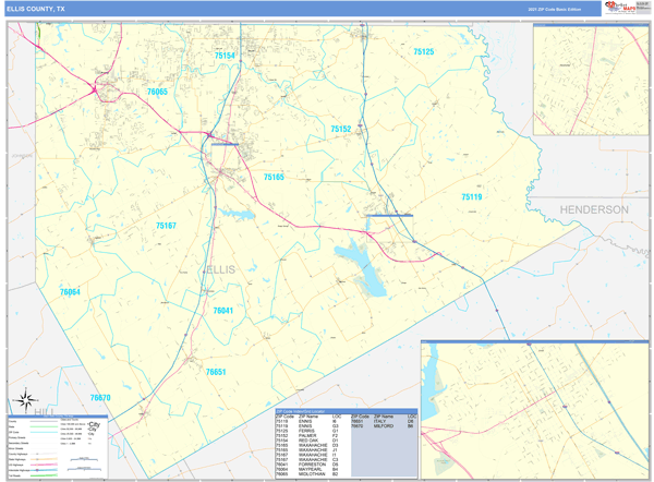 Ellis County, TX Zip Code Wall Map Basic Style By MarketMAPS