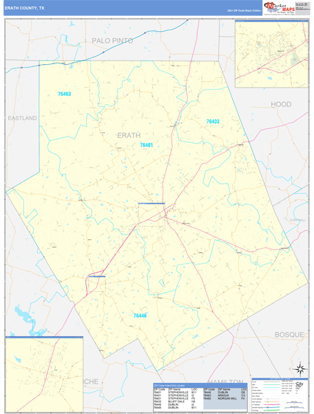 Erath County, TX Zip Code Wall Map Basic Style by MarketMAPS