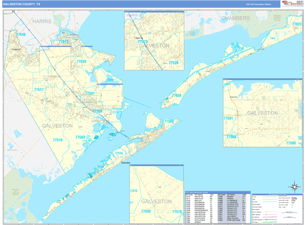 galveston-county-tx-zip-code-wall-map-basic-style-by-marketmaps