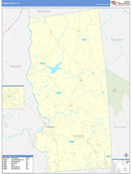 Grimes County, TX Zip Code Wall Map Basic Style by MarketMAPS