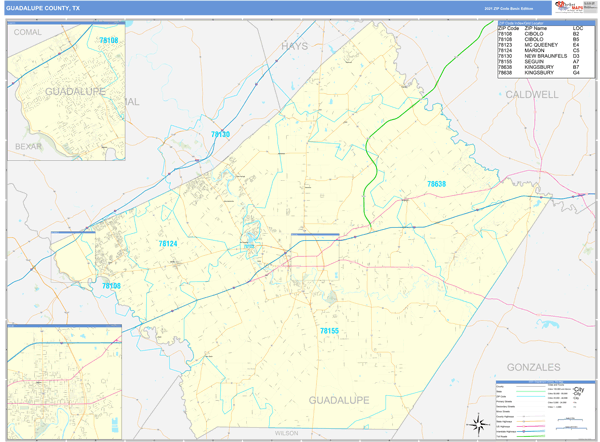 Guadalupe County, TX Zip Code Wall Map Basic Style by MarketMAPS