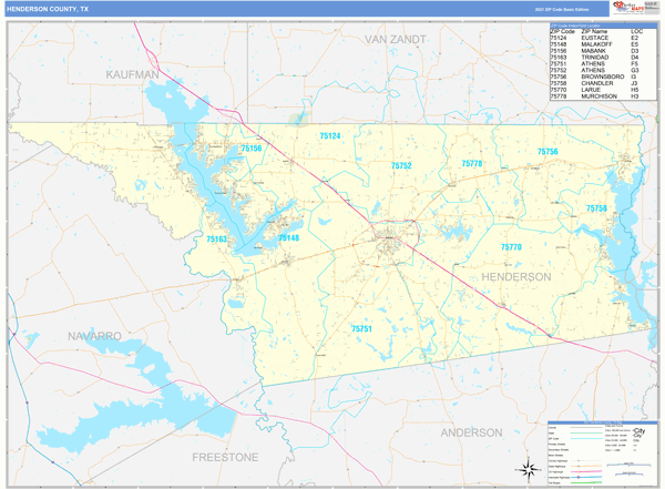 Henderson County, TX Zip Code Wall Map Basic Style by MarketMAPS