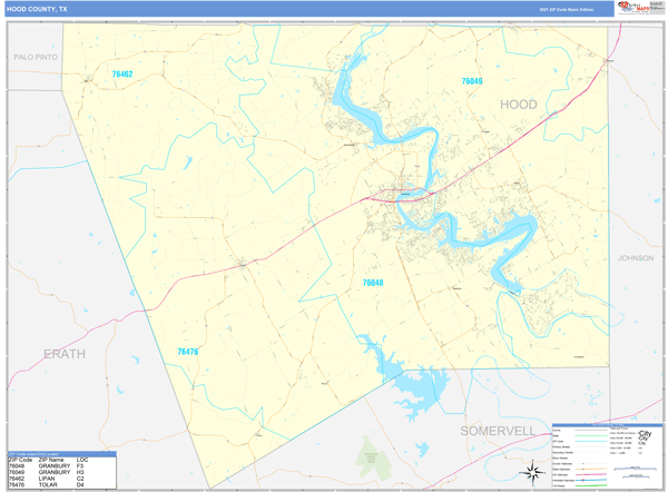 Hood County, TX Wall Map Basic Style by MarketMAPS