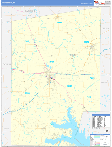 Hunt County, TX Zip Code Wall Map Basic Style by MarketMAPS