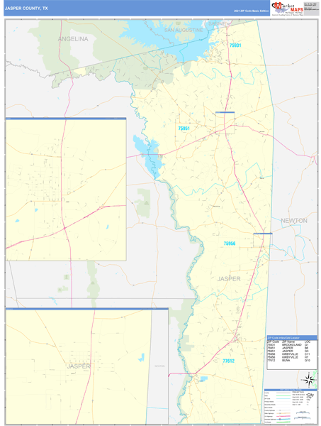 Jasper County, TX Zip Code Wall Map Basic Style by MarketMAPS