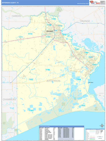 Jefferson County, TX Wall Map Basic Style by MarketMAPS