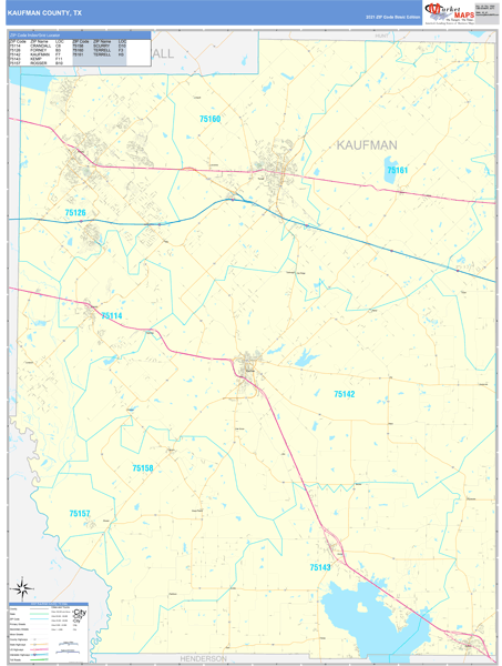 Kaufman County, TX Wall Map Basic Style by MarketMAPS