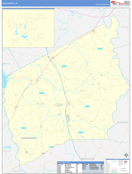 Leon County, TX Zip Code Wall Map Basic Style by MarketMAPS