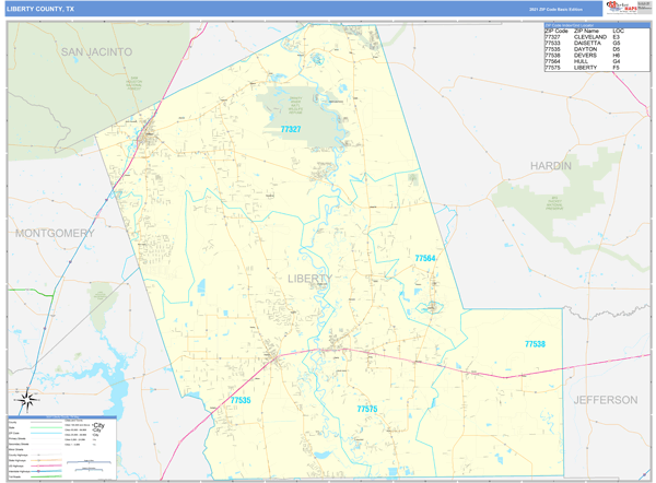 Liberty County, TX Zip Code Wall Map Basic Style by MarketMAPS