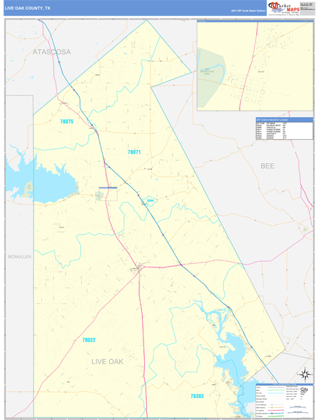 Live Oak County, TX Zip Code Wall Map Basic Style by MarketMAPS