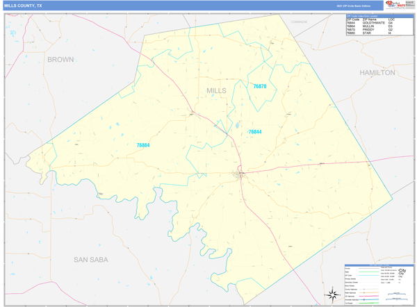 Mills County, TX Wall Map Basic Style by MarketMAPS