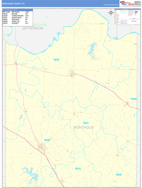 Montague County, TX Wall Map Basic Style by MarketMAPS