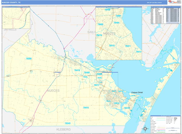 Nueces County, TX Zip Code Wall Map Basic Style by MarketMAPS