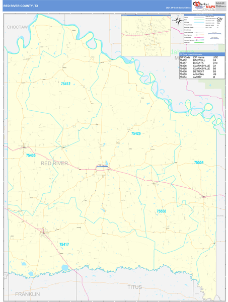 Red River County, TX Wall Map Basic Style by MarketMAPS