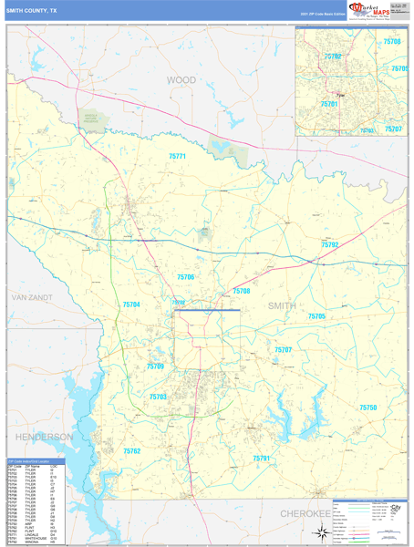 Smith County, TX Zip Code Wall Map Basic Style by MarketMAPS