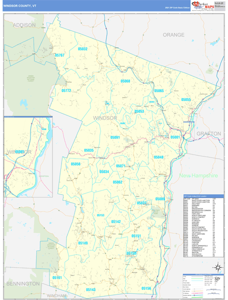 Windsor County, VT Zip Code Wall Map Basic Style by MarketMAPS