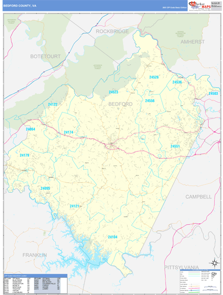 Bedford County, VA Zip Code Wall Map Basic Style by MarketMAPS