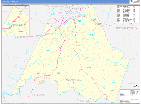 Campbell County, VA Zip Code Wall Map Basic Style by MarketMAPS