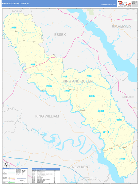 King and Queen County, VA Wall Map Basic Style by MarketMAPS