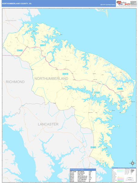 Northumberland County, VA Zip Code Wall Map Basic Style by MarketMAPS