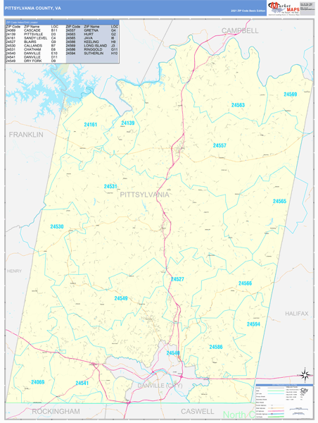 Pittsylvania County, VA Zip Code Wall Map Basic Style by MarketMAPS