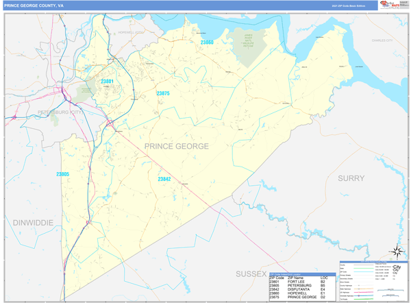 Prince George County Va Zip Code Wall Map Basic Style By Marketmaps 8477