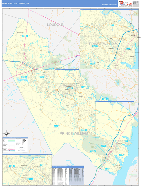 Prince William County, VA Zip Code Wall Map Basic Style by MarketMAPS