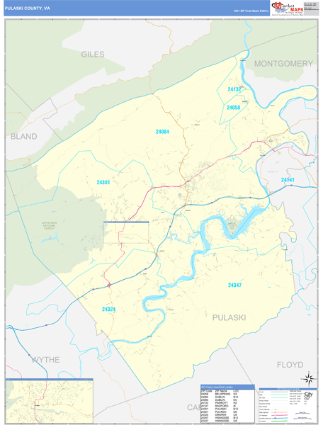 Pulaski County, VA Zip Code Wall Map Basic Style by MarketMAPS