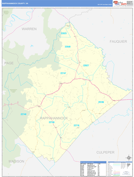 Rappahannock County, VA Zip Code Wall Map Basic Style by MarketMAPS