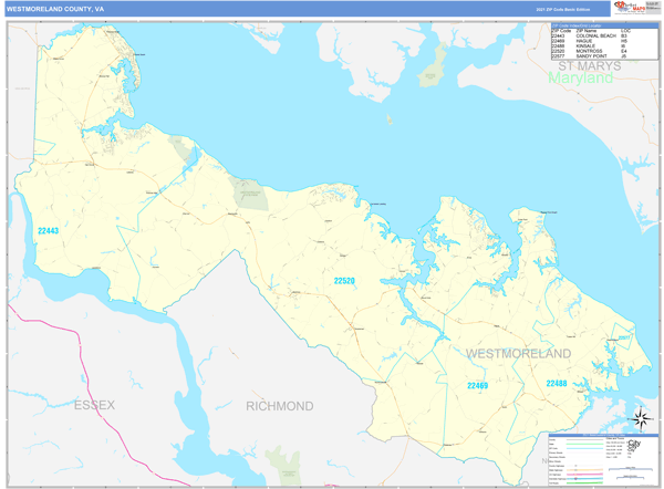 Westmoreland County, Va Zip Code Wall Map Basic Style By Marketmaps