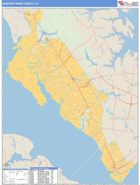 Newport News County, VA Wall Map Basic Style by MarketMAPS