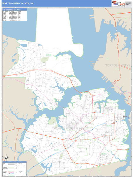 Portsmouth County, VA Wall Map Basic Style by MarketMAPS