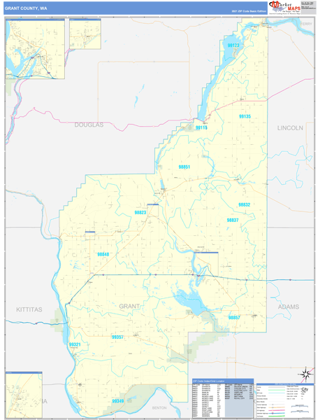 Grant County, WA Zip Code Wall Map Basic Style by MarketMAPS