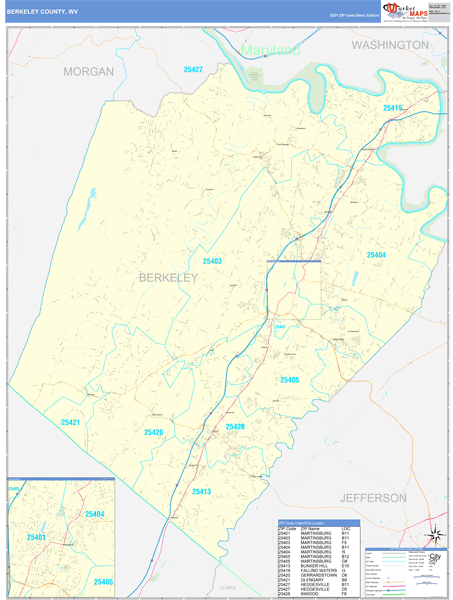 Berkeley County, WV Wall Map Basic Style by MarketMAPS