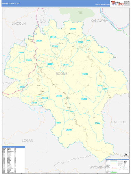 Boone County, WV Wall Map Basic Style by MarketMAPS