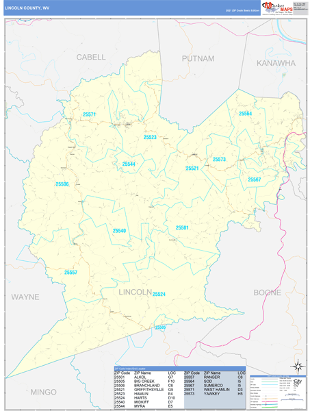 Lincoln County, WV Wall Map Basic Style by MarketMAPS