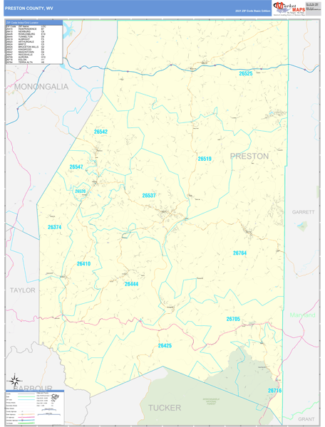 Preston County, WV Wall Map Basic Style by MarketMAPS