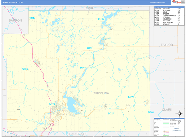 Chippewa County, WI Zip Code Wall Map Basic Style by MarketMAPS