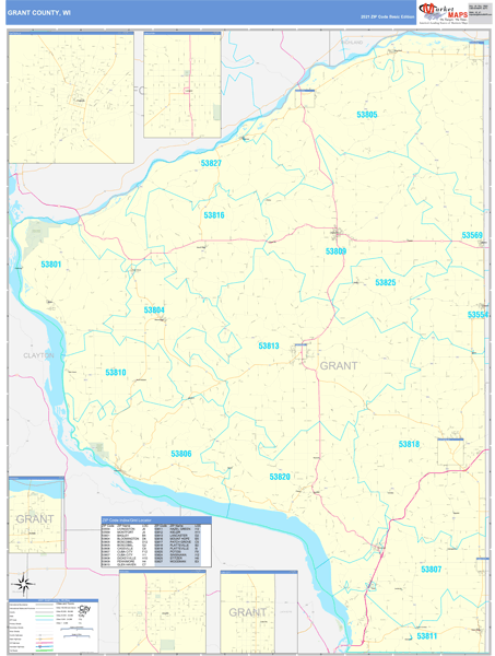 Grant County, WI Zip Code Wall Map Basic Style by MarketMAPS