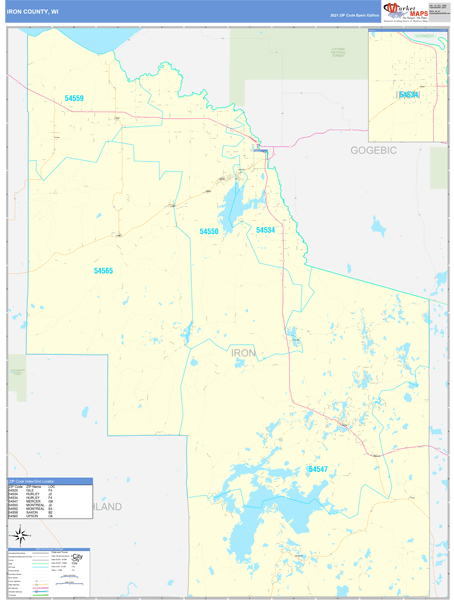 Iron County, WI Wall Map Basic Style by MarketMAPS