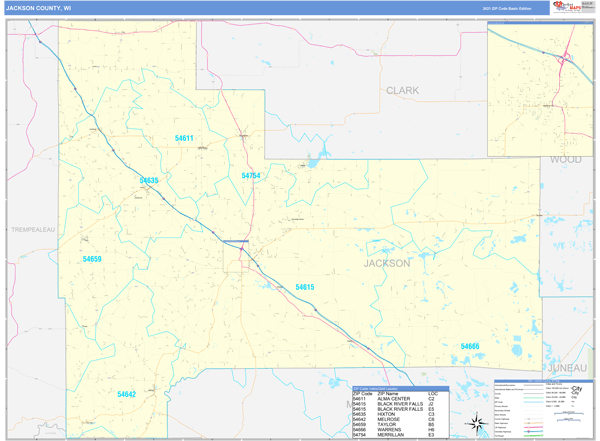 Jackson County, Wi Zip Code Wall Map Basic Style By Marketmaps