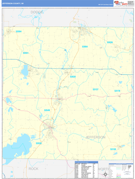 Jefferson County Wi Zip Code Wall Map Basic Style By Marketmaps 6348