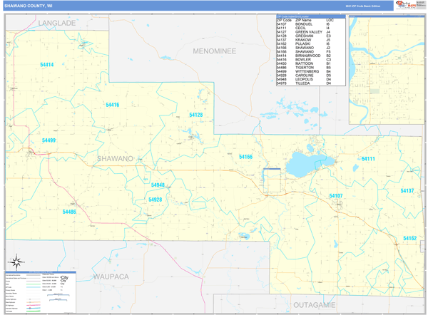 Shawano County, WI Wall Map Basic Style by MarketMAPS