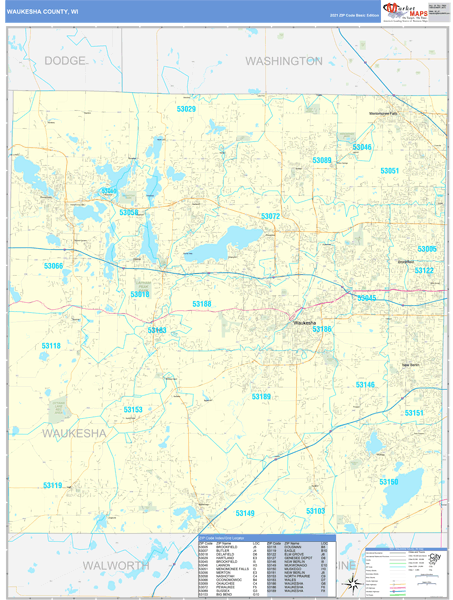 Waukesha County, WI Zip Code Wall Map Basic Style by MarketMAPS