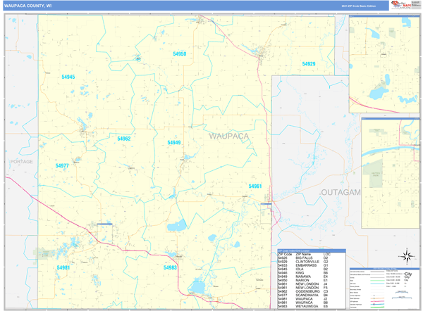 Waupaca County, WI Zip Code Wall Map Basic Style by MarketMAPS