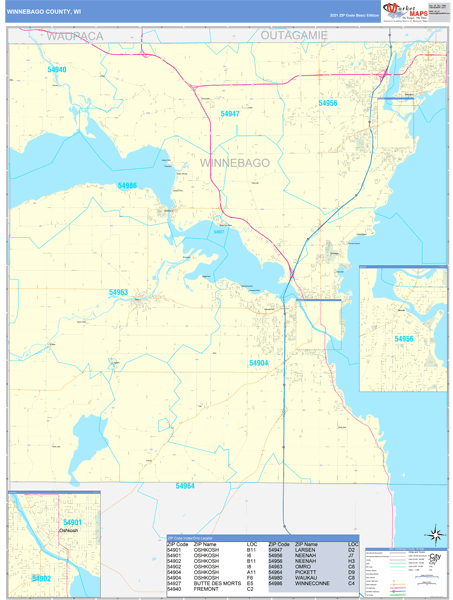 Winnebago County, WI Zip Code Wall Map Basic Style by MarketMAPS