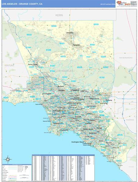 los angeles orange county zip code map Los Angeles Orange County Ca Zip Code Wall Map Basic Style By los angeles orange county zip code map